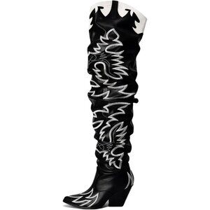 Women Pu Black Faux Leather Over The Knee Cowgirl Chunky Block Heel Fashion Boot